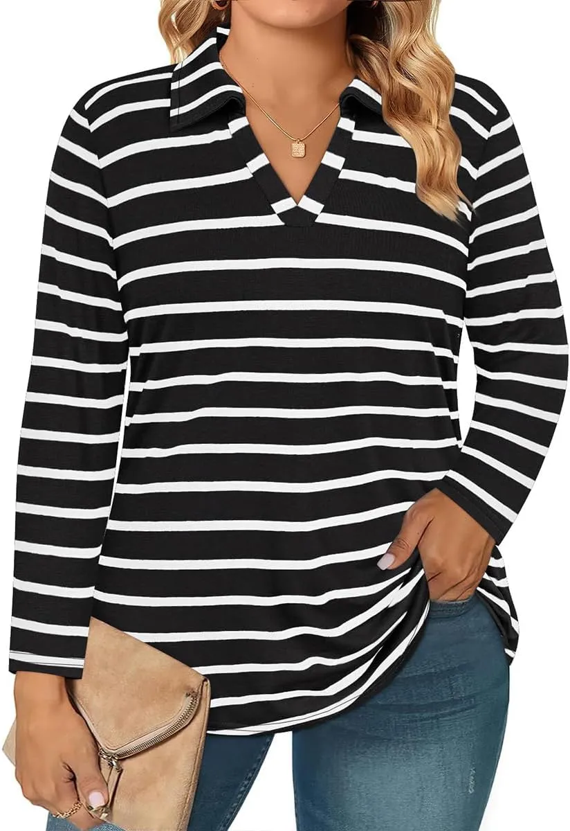 RITERA Plus Size Polo Shirts for Women Fall Long Sleeve V Neck Tops Casual Collared Blouses XL-5XL