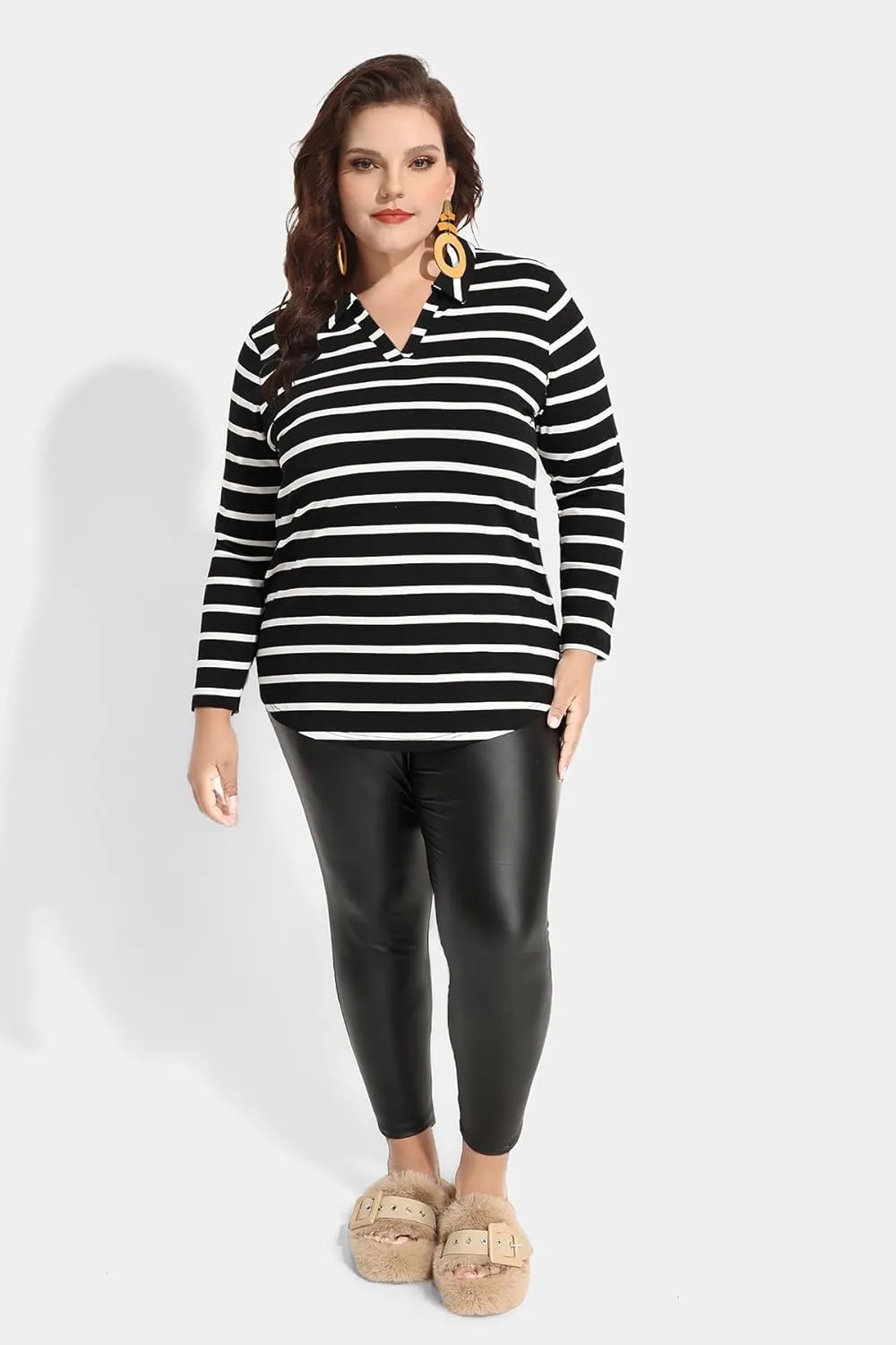 RITERA Plus Size Polo Shirts for Women Fall Long Sleeve V Neck Tops Casual Collared Blouses XL-5XL