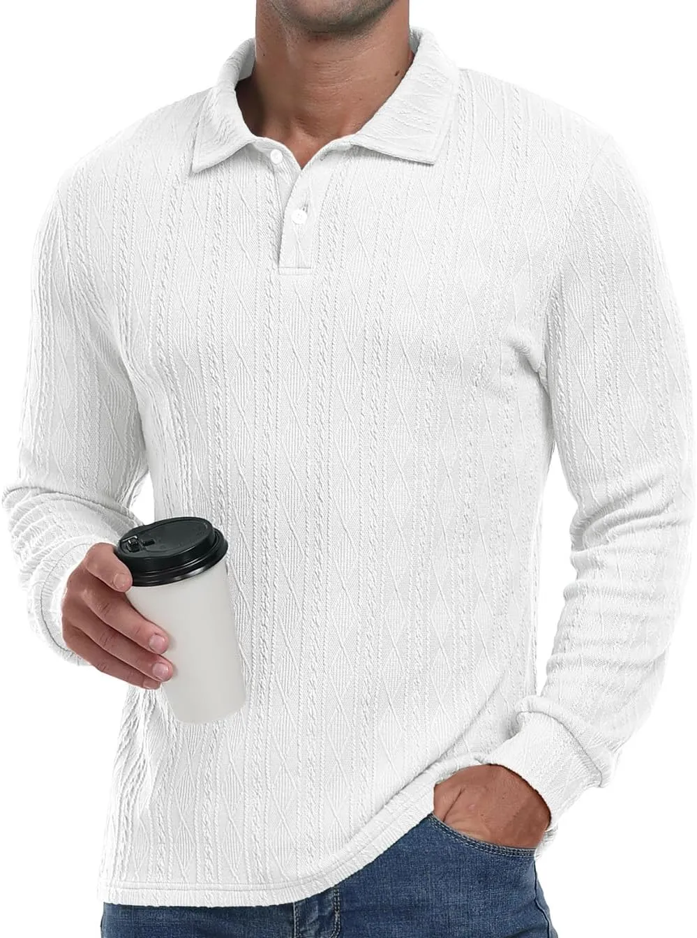 Sailwind Men's Casual Polo Shirts Twisted Button Long Sleeve Tees Collared Golf Shirt