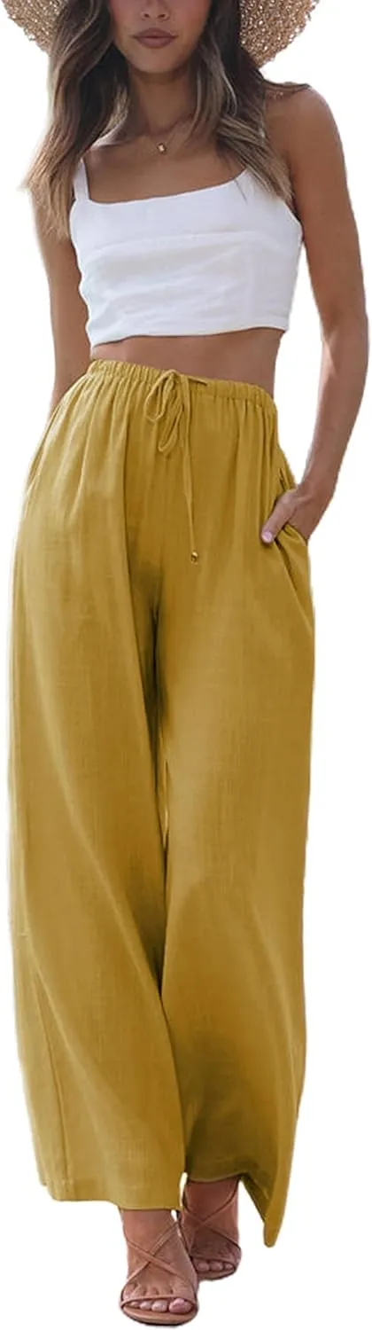 SCUSTY Women's Summer Cotton Linen Wide Leg Pants Drawstring High Waist Palazzo Flowy Beach Trousers with Pockets