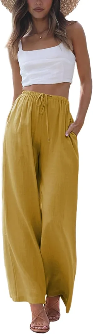 SCUSTY Women's Summer Cotton Linen Wide Leg Pants Drawstring High Waist Palazzo Flowy Beach Trousers with Pockets