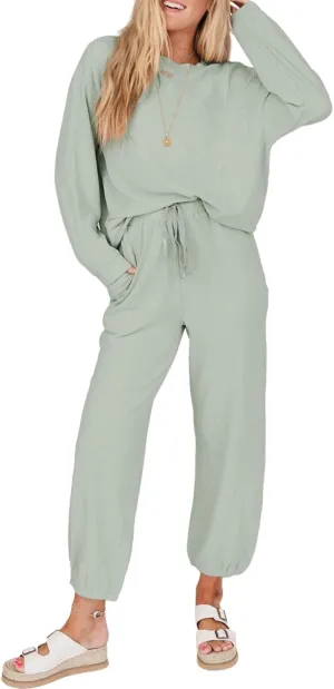 SHEWIN Women's 2 Piece Outfits Waffle Knit Lounge Sets Casual Long Sleeve Pullover Drawstring Jogger Pants Tracksuit Set