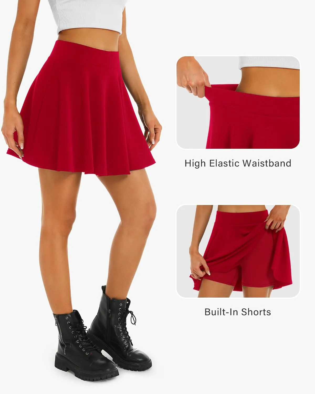 Stelle Women's Casual Skirt with Shorts Basic Versatile Stretchy Flared Pleated Skater Mini Skirts