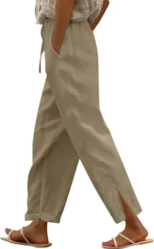Summer Pants for Women 2025 Casual Cotton Linen Pants Drawstring High Waist Beach Pants with Pockets Vacation Outfits