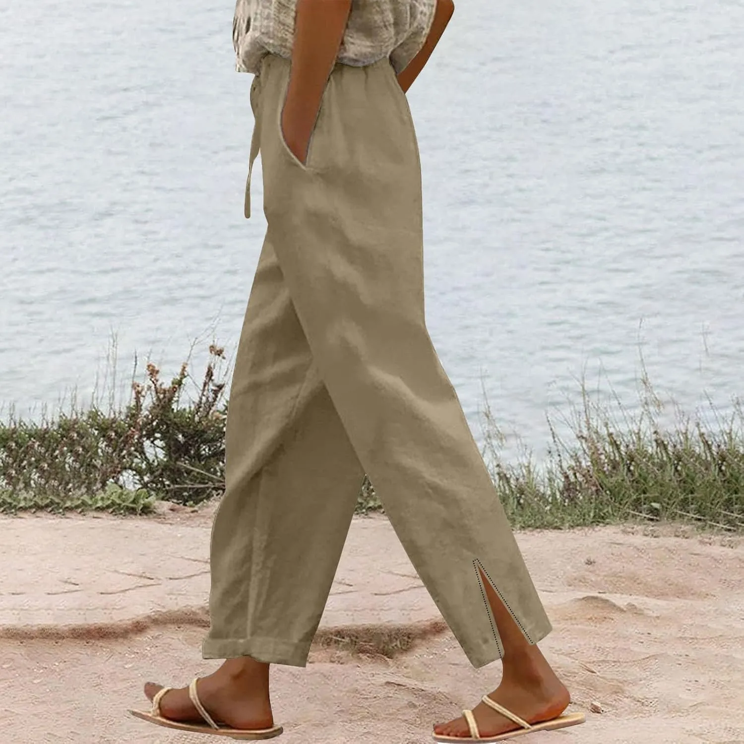 Summer Pants for Women 2025 Casual Cotton Linen Pants Drawstring High Waist Beach Pants with Pockets Vacation Outfits