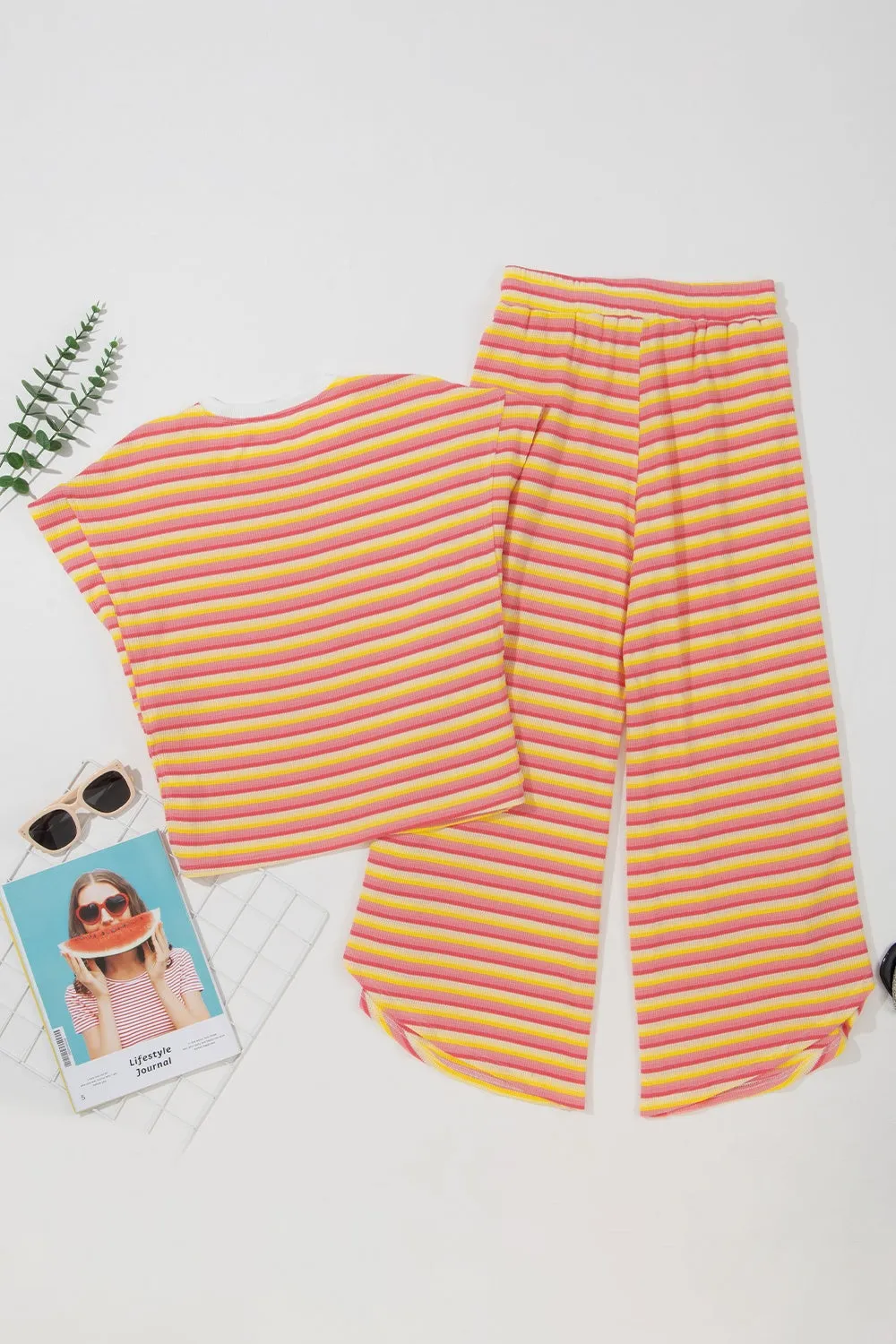 TEEK - Striped Top Tassel Drawstring Pants Set