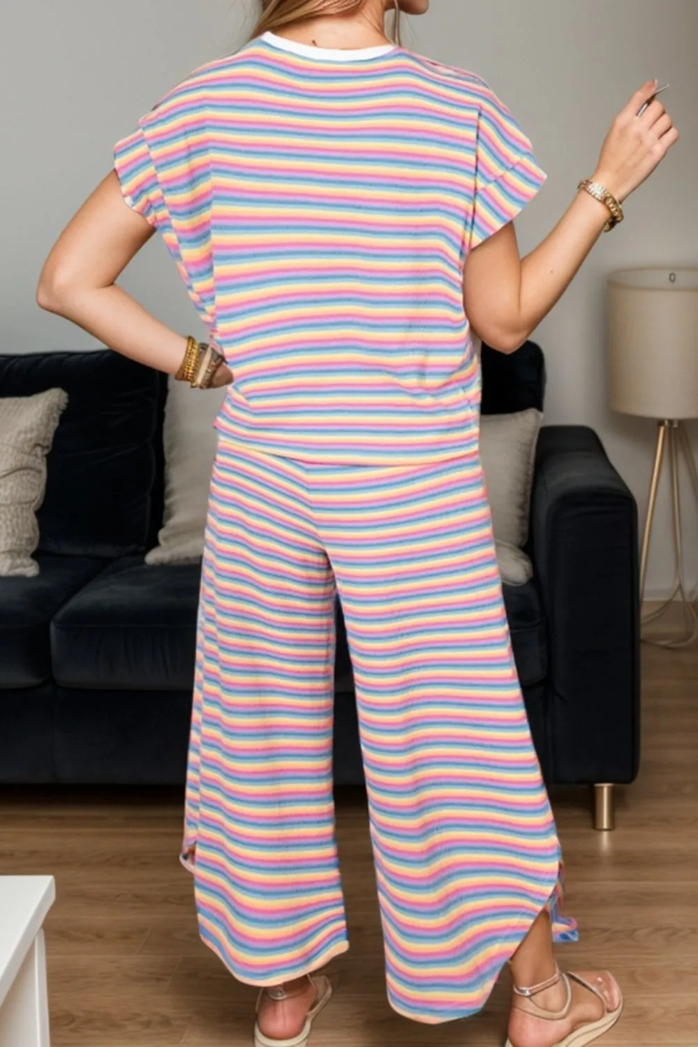 TEEK - Striped Top Tassel Drawstring Pants Set