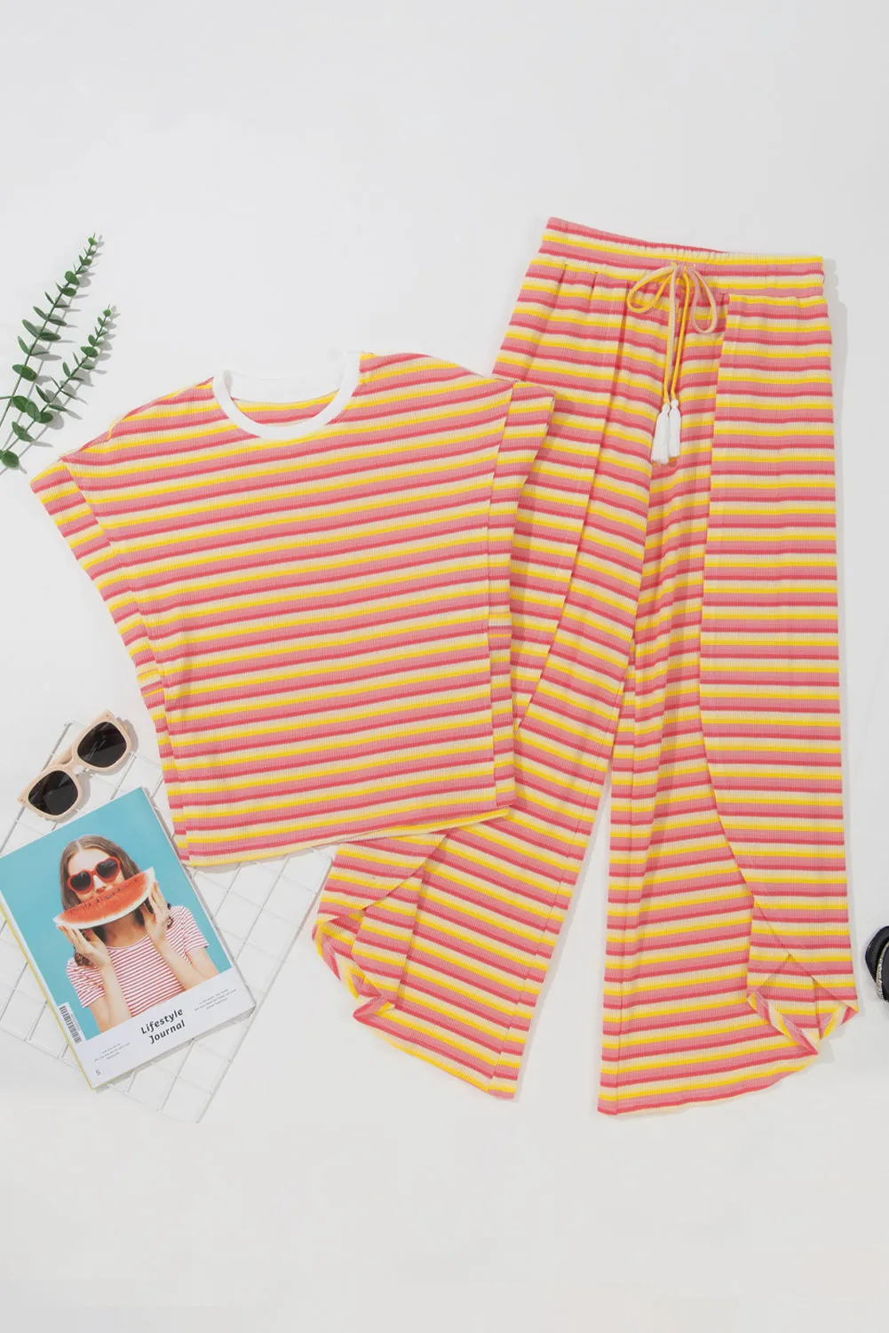 TEEK - Striped Top Tassel Drawstring Pants Set