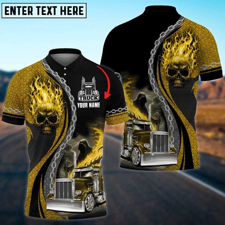 Truck Flaming Skull Multicolor Personalized Name 3D Polo Shirt For Truck Driver