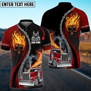 Truck Flaming Skull Multicolor Personalized Name 3D Polo Shirt For Truck Driver
