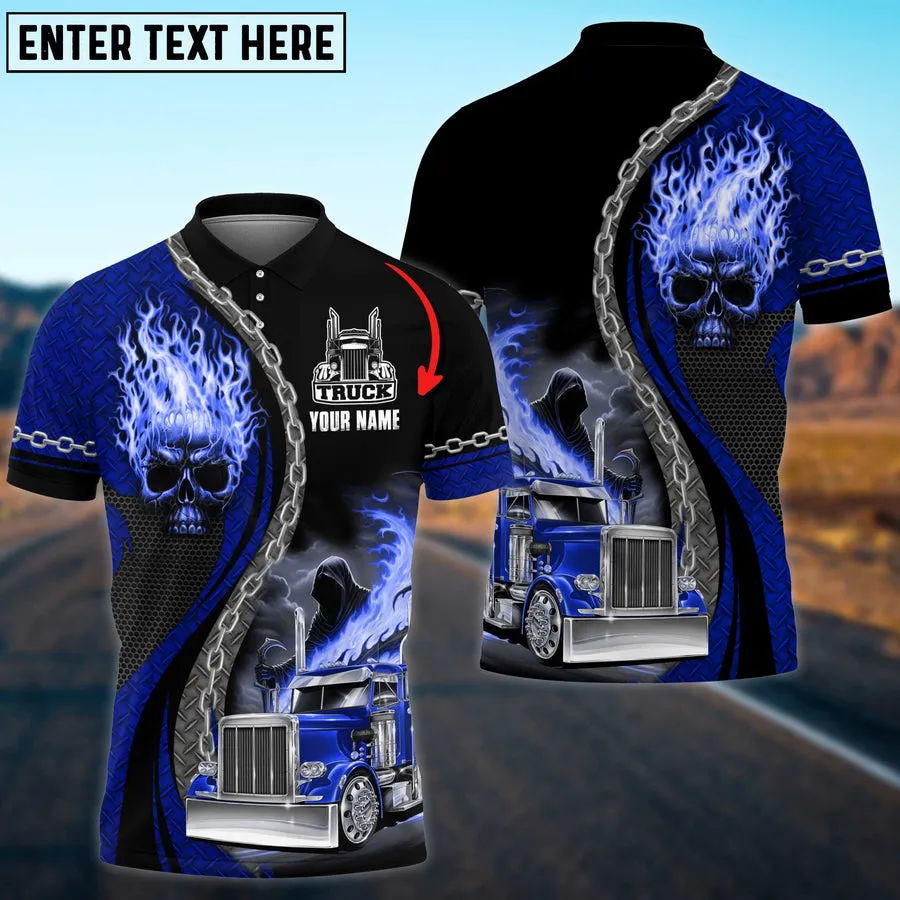 Truck Flaming Skull Multicolor Personalized Name 3D Polo Shirt For Truck Driver