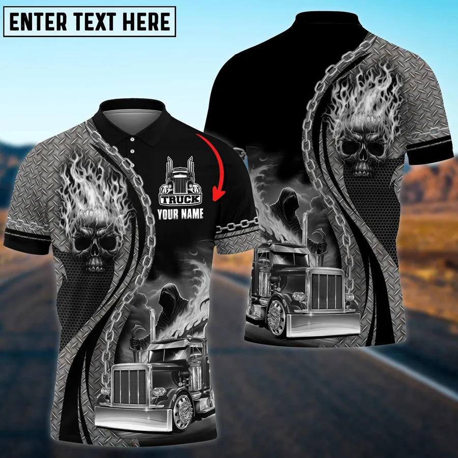 Truck Flaming Skull Multicolor Personalized Name 3D Polo Shirt For Truck Driver