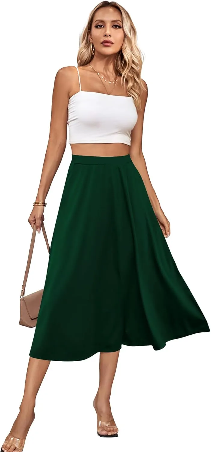 Umenlele Women's Stretchy Flared Basic Versatile High Waisted Casual Midi Skater Skirt