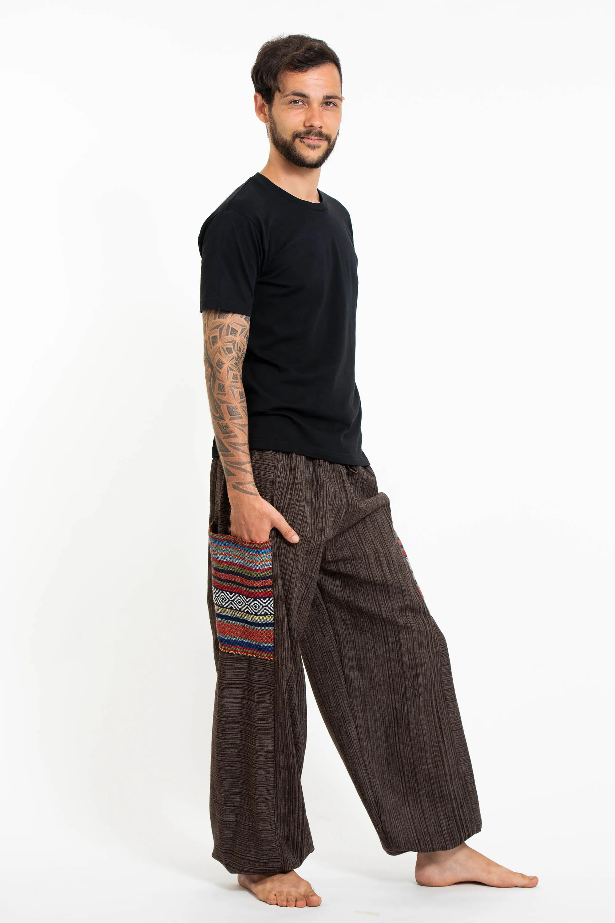 Unisex Pinstripe Cotton Pants with Aztec Pocket in Brown