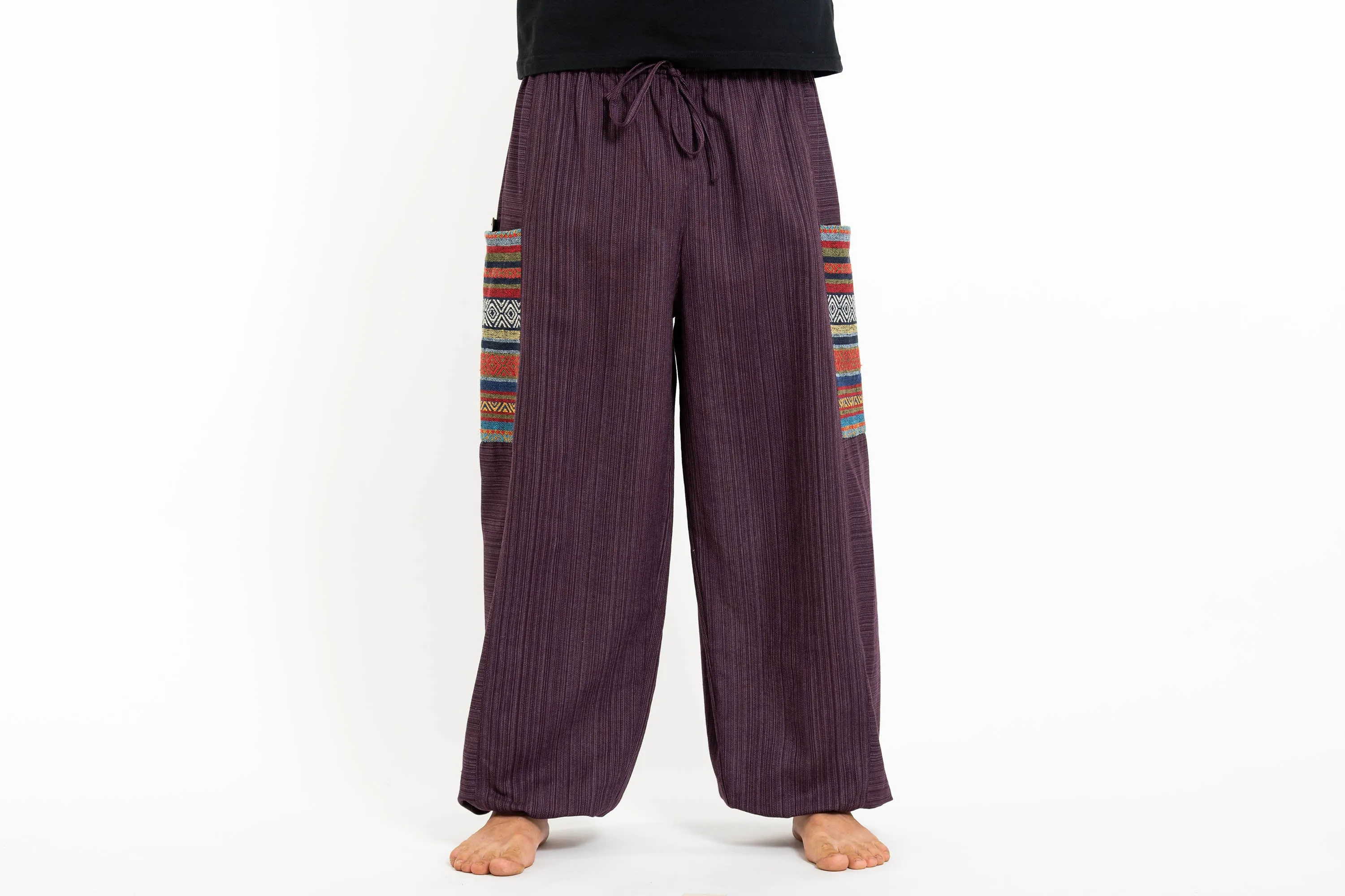 Unisex Pinstripe Cotton Pants with Aztec Pocket in Purple
