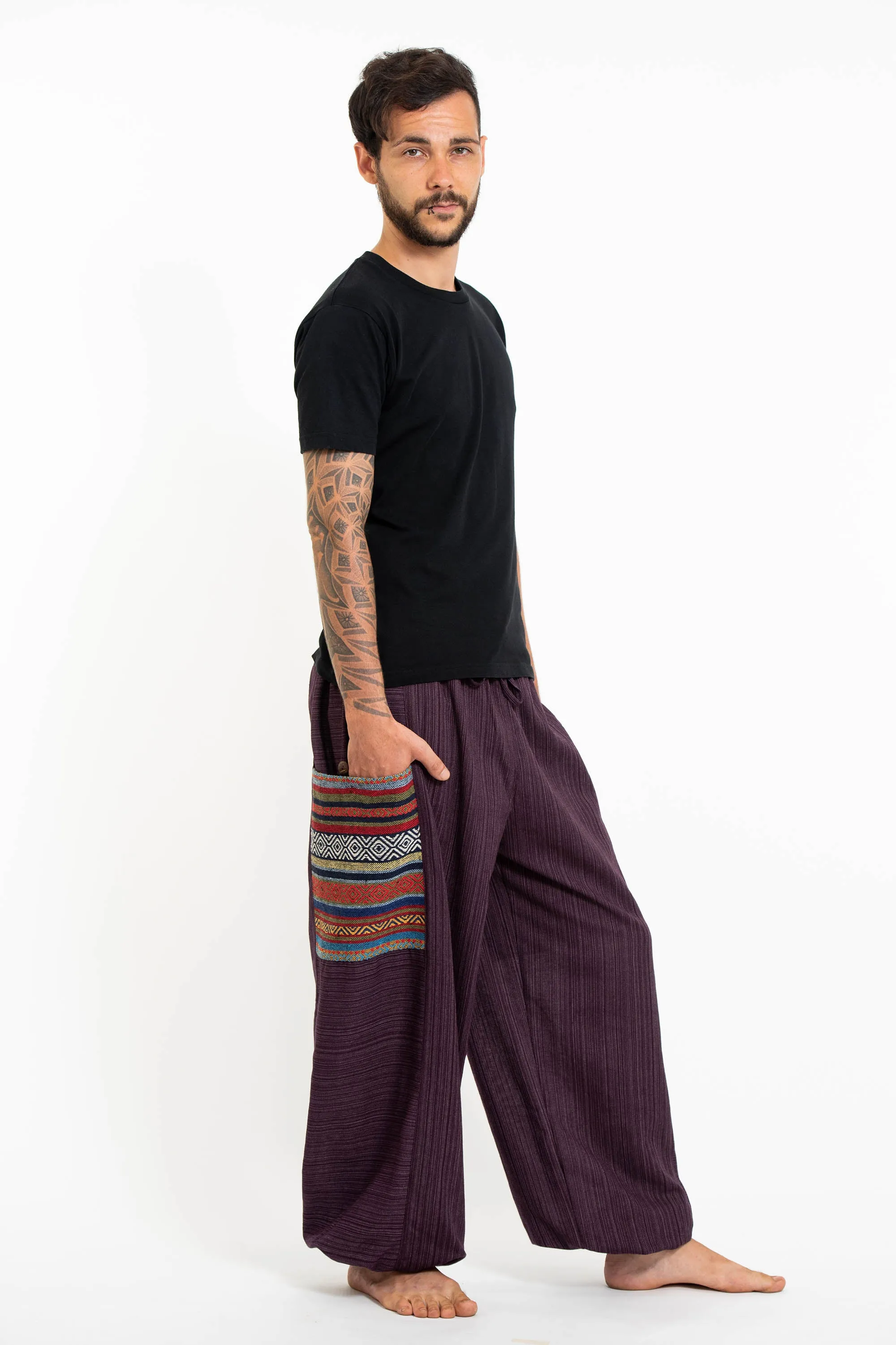 Unisex Pinstripe Cotton Pants with Aztec Pocket in Purple