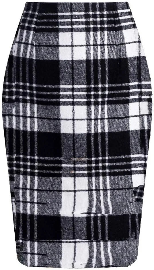 utcoco Womens High Waist Plaid Pencil Skirt Slit Bodycon Wool Mini Skirts