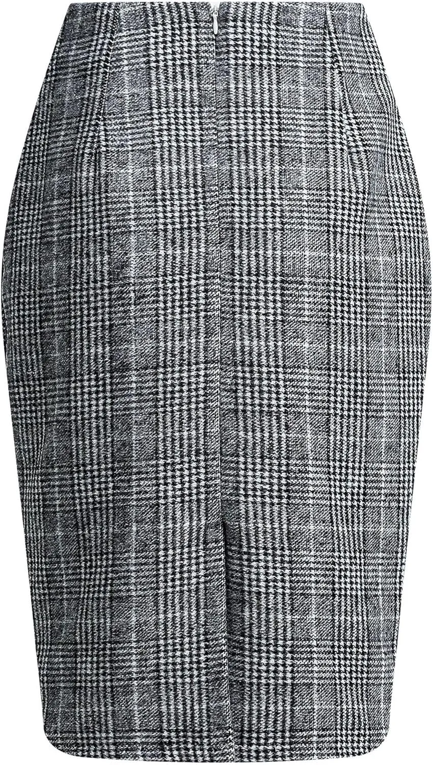 utcoco Womens High Waist Plaid Pencil Skirt Slit Bodycon Wool Mini Skirts