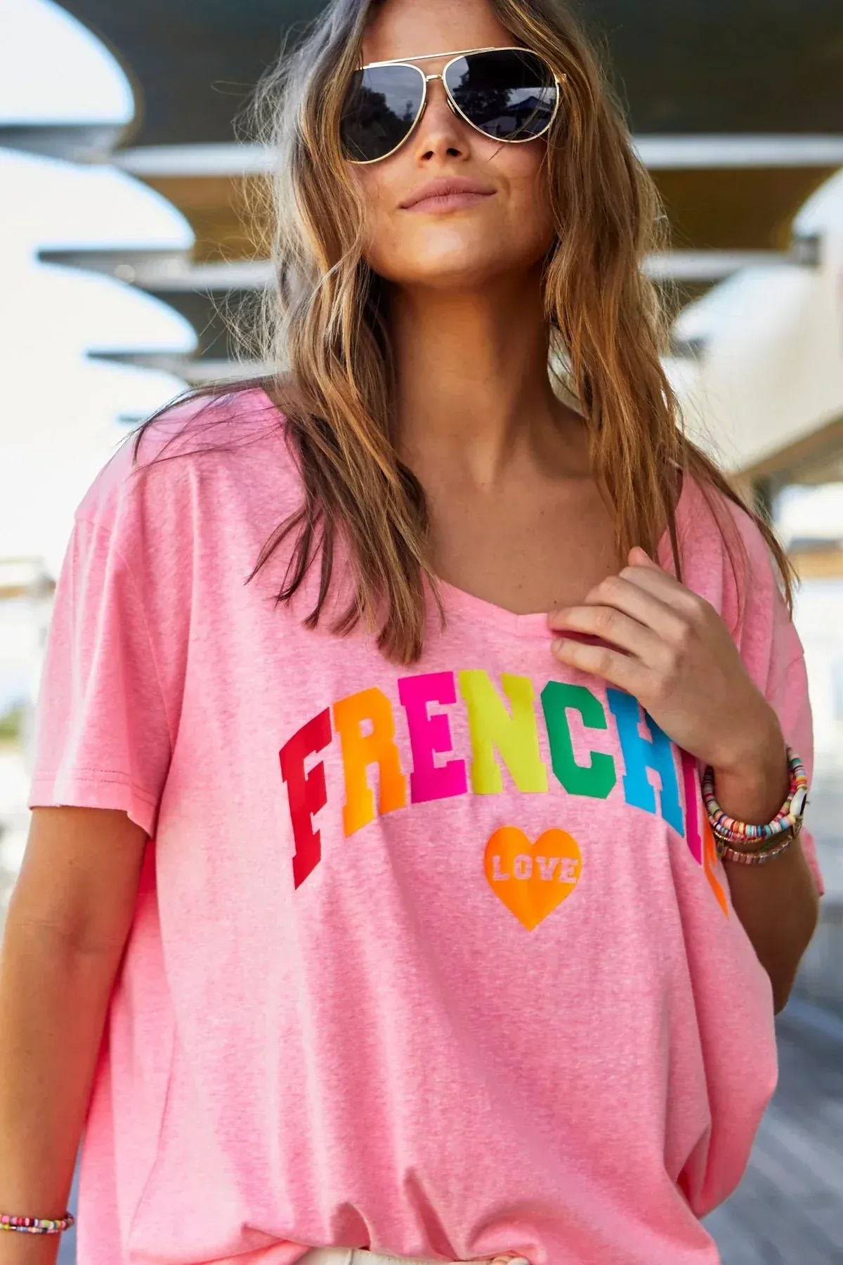V-Neck Frenchie Tee in Hot Pink