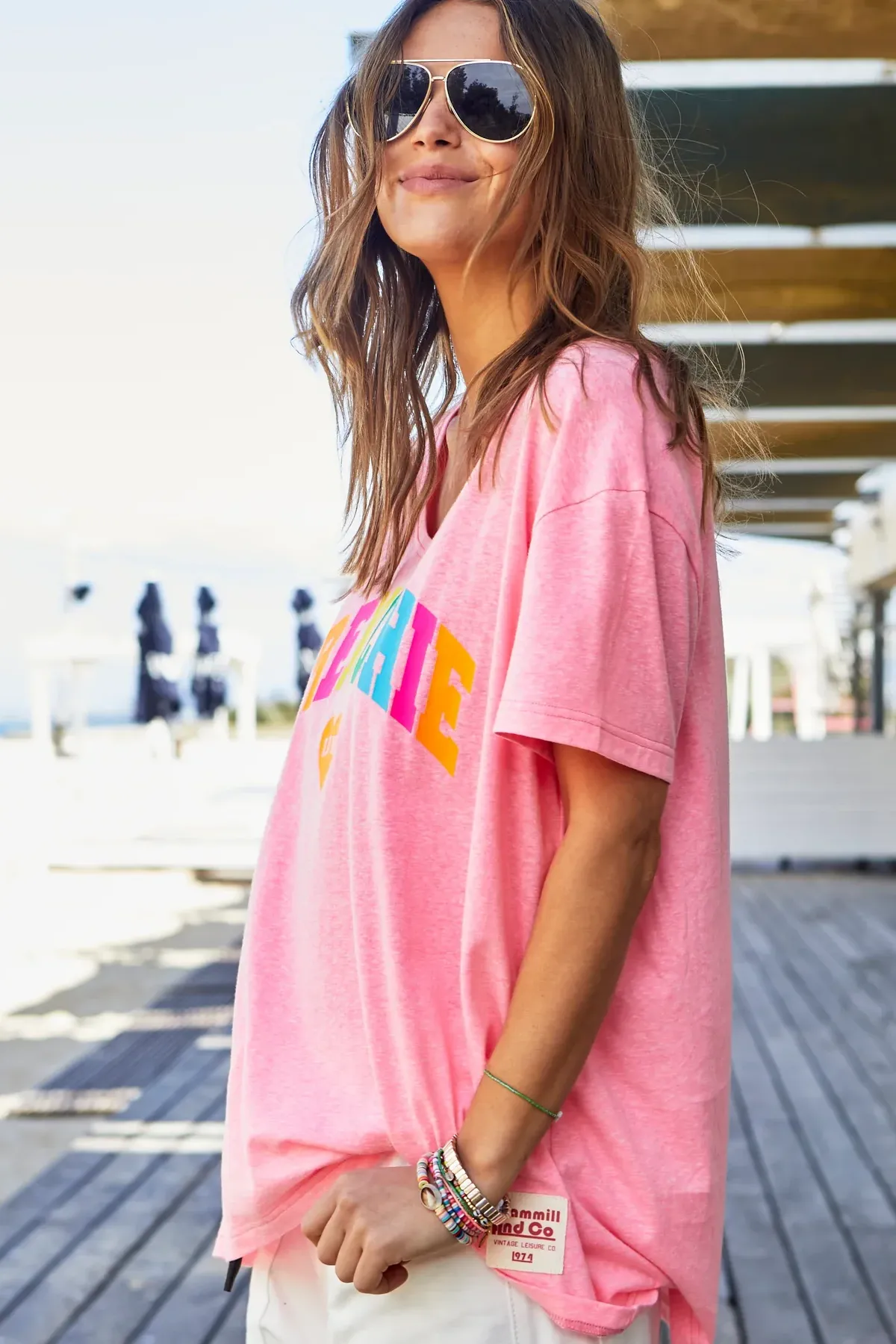 V-Neck Frenchie Tee in Hot Pink