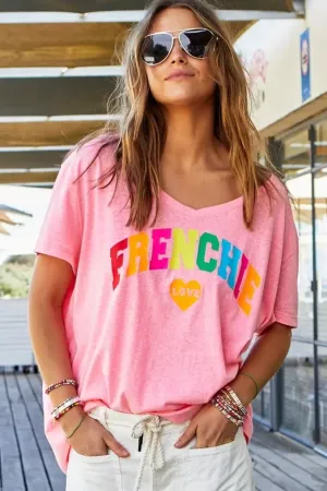 V-Neck Frenchie Tee in Hot Pink