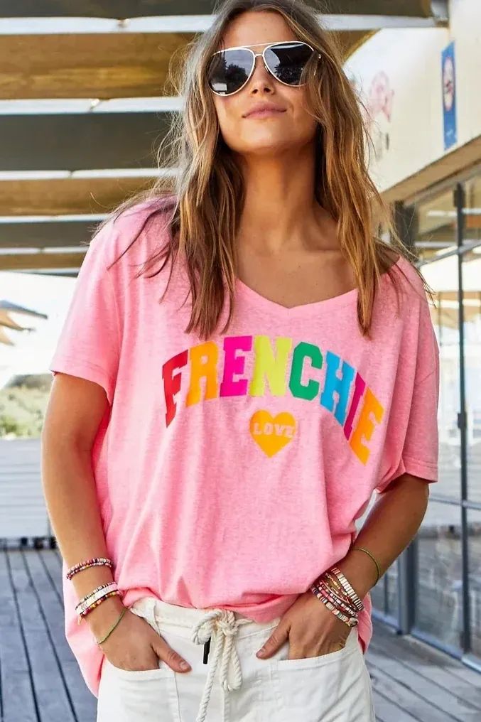 V-Neck Frenchie Tee in Hot Pink