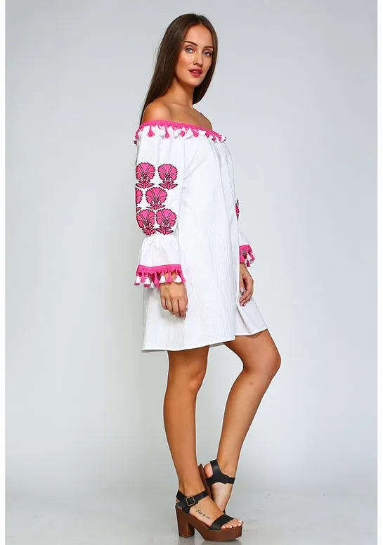 Velzera Off Shoulder Embroidered Dress - Fuchsia