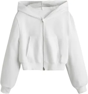 WDIRARA Girl's Zip Front Hoodie Pocket Casual Long Sleeve Sweatshirt Cropped Tops
