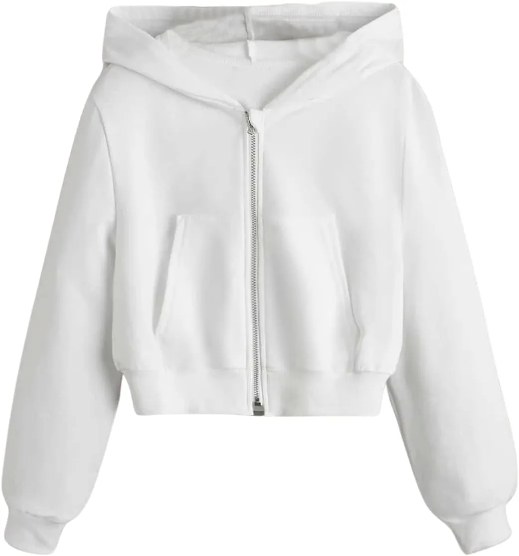 WDIRARA Girl's Zip Front Hoodie Pocket Casual Long Sleeve Sweatshirt Cropped Tops