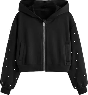 WDIRARA Girl's Zip Front Hoodie Pocket Casual Long Sleeve Sweatshirt Cropped Tops
