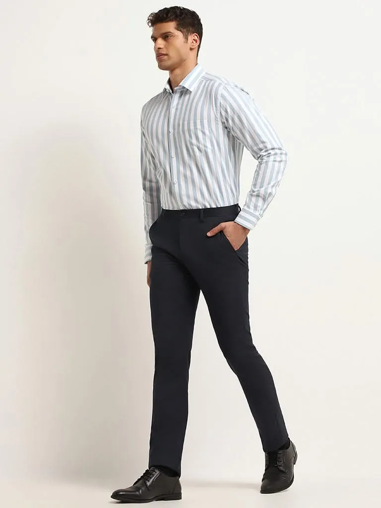 WES Formals Blue Relaxed Fit Striped Cotton Shirt