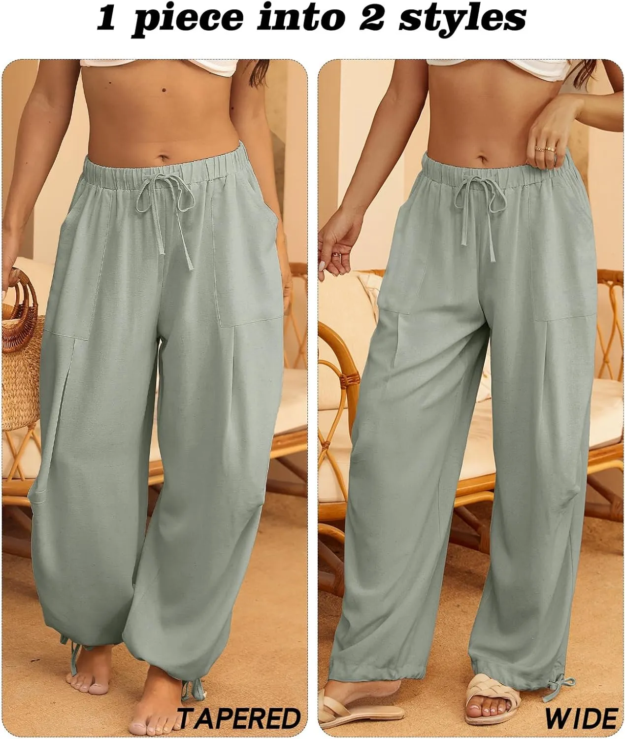 Women Linen Harem Pants Summer Drawstring Casual Lounge Baggy Pant Beach Travel Vacation Trousers with Pockets