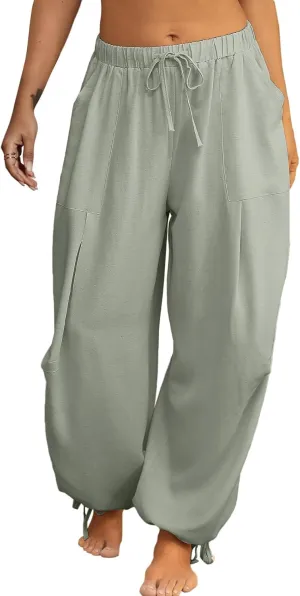 Women Linen Harem Pants Summer Drawstring Casual Lounge Baggy Pant Beach Travel Vacation Trousers with Pockets