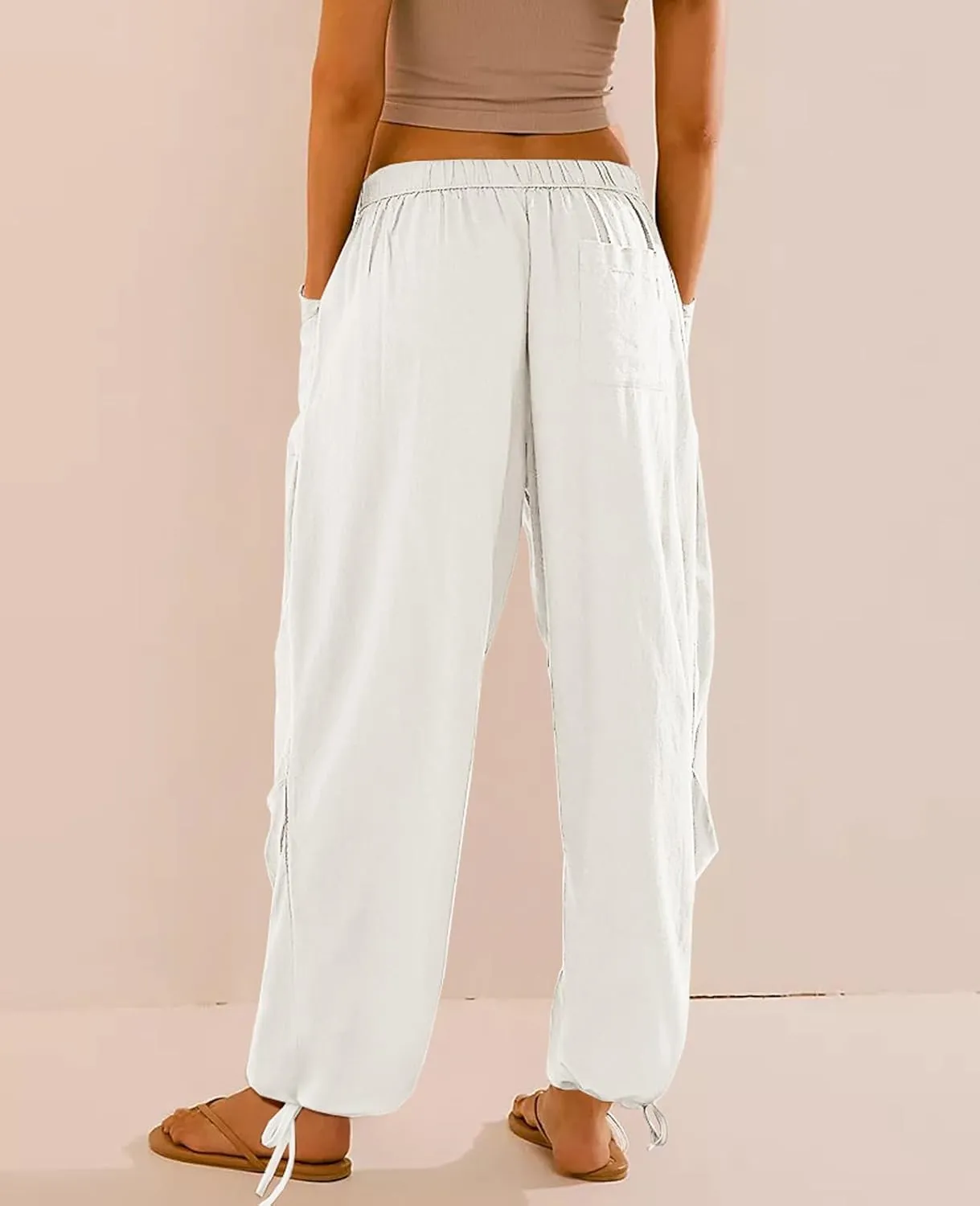 Women Linen Harem Pants Summer Drawstring Casual Lounge Baggy Pant Beach Travel Vacation Trousers with Pockets