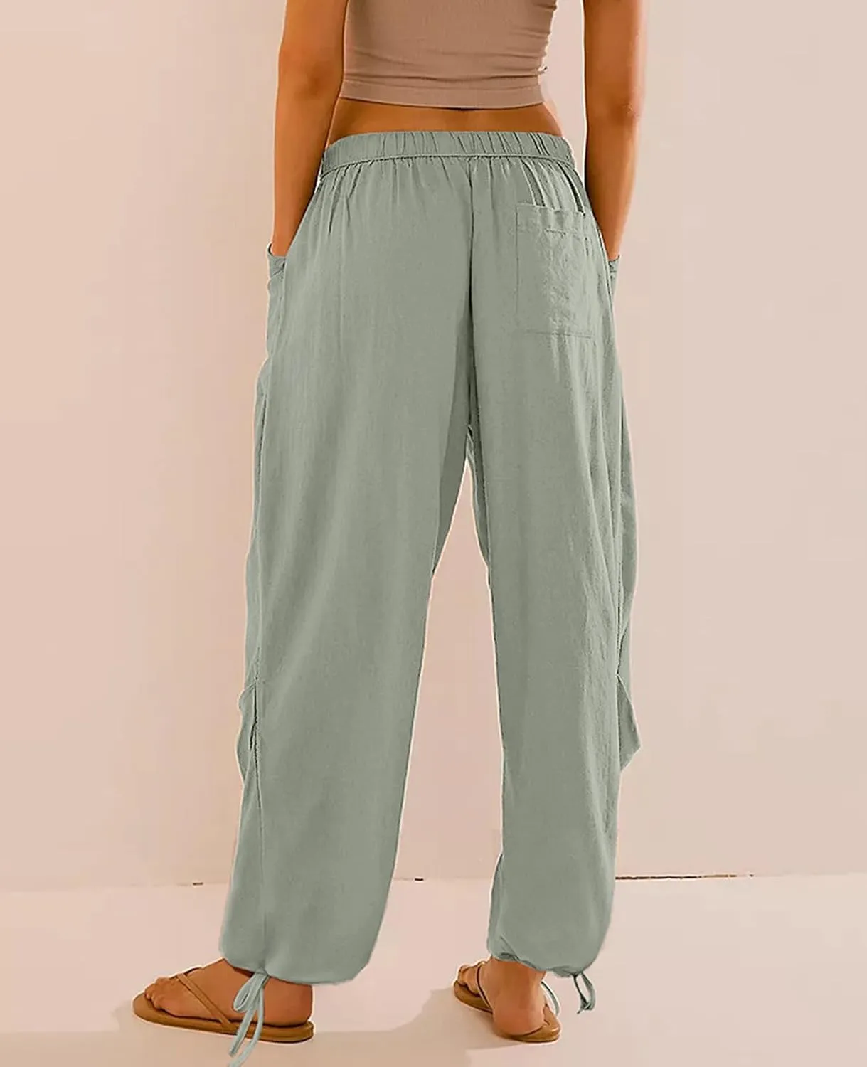 Women Linen Harem Pants Summer Drawstring Casual Lounge Baggy Pant Beach Travel Vacation Trousers with Pockets