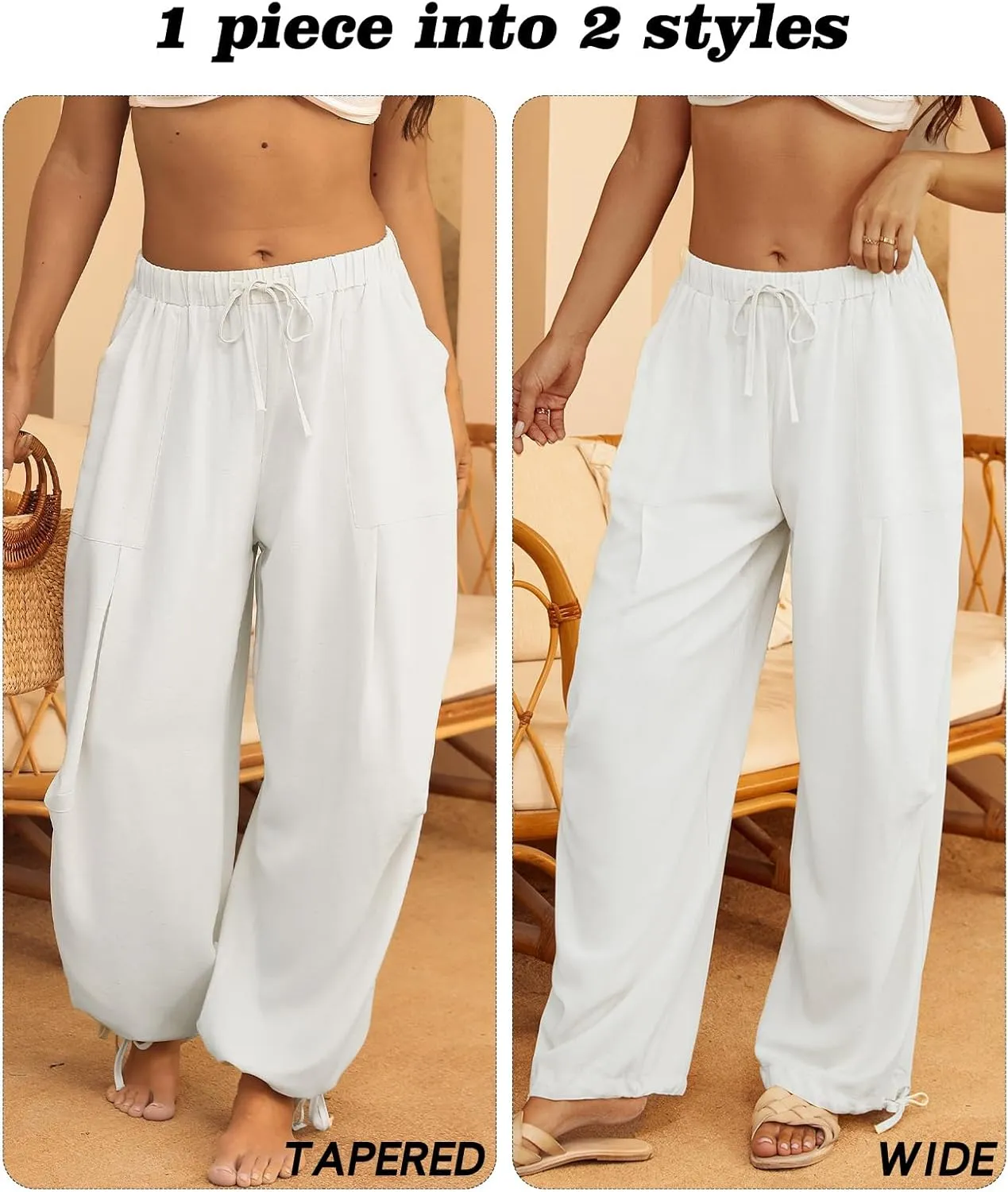 Women Linen Harem Pants Summer Drawstring Casual Lounge Baggy Pant Beach Travel Vacation Trousers with Pockets