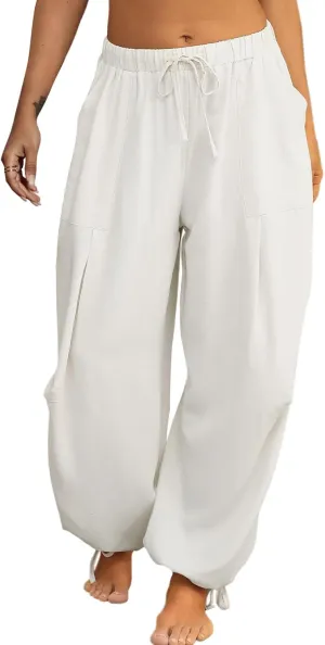 Women Linen Harem Pants Summer Drawstring Casual Lounge Baggy Pant Beach Travel Vacation Trousers with Pockets