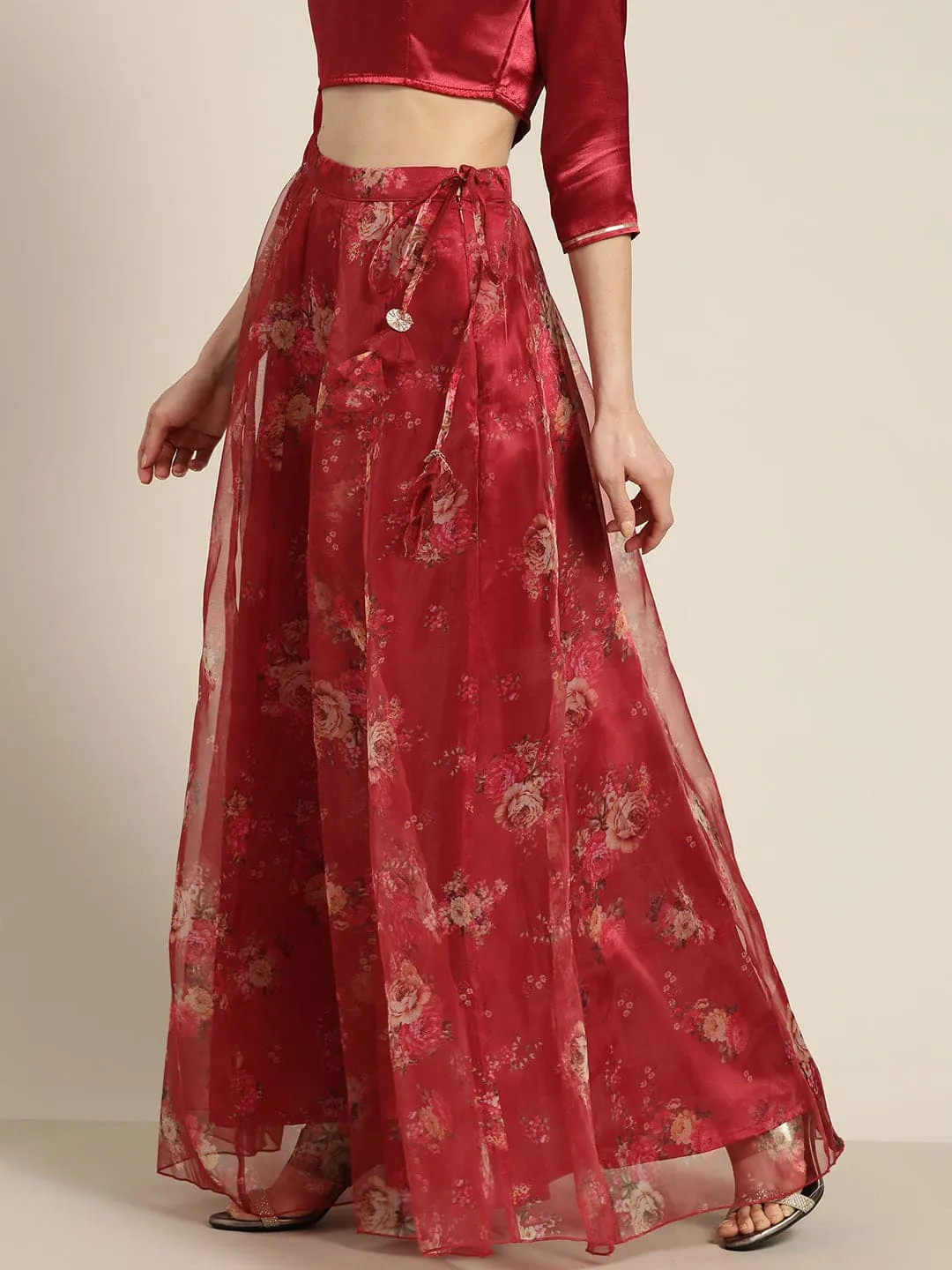 Women Maroon Organza Floral Anarkali Skirt