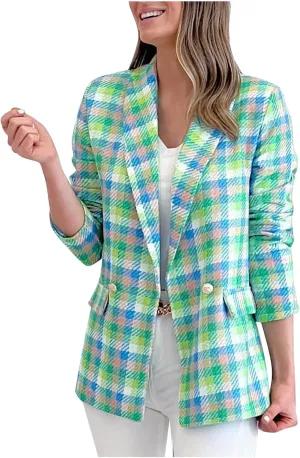 Womens Fashionable Blazer Open Front Cardigan Multicolored Plaid Long Sleeve Jacket Work Casual Suit Blazer Coats