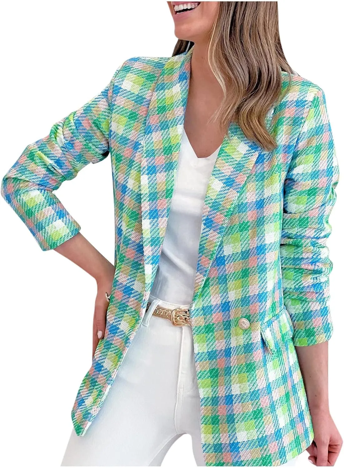 Womens Fashionable Blazer Open Front Cardigan Multicolored Plaid Long Sleeve Jacket Work Casual Suit Blazer Coats