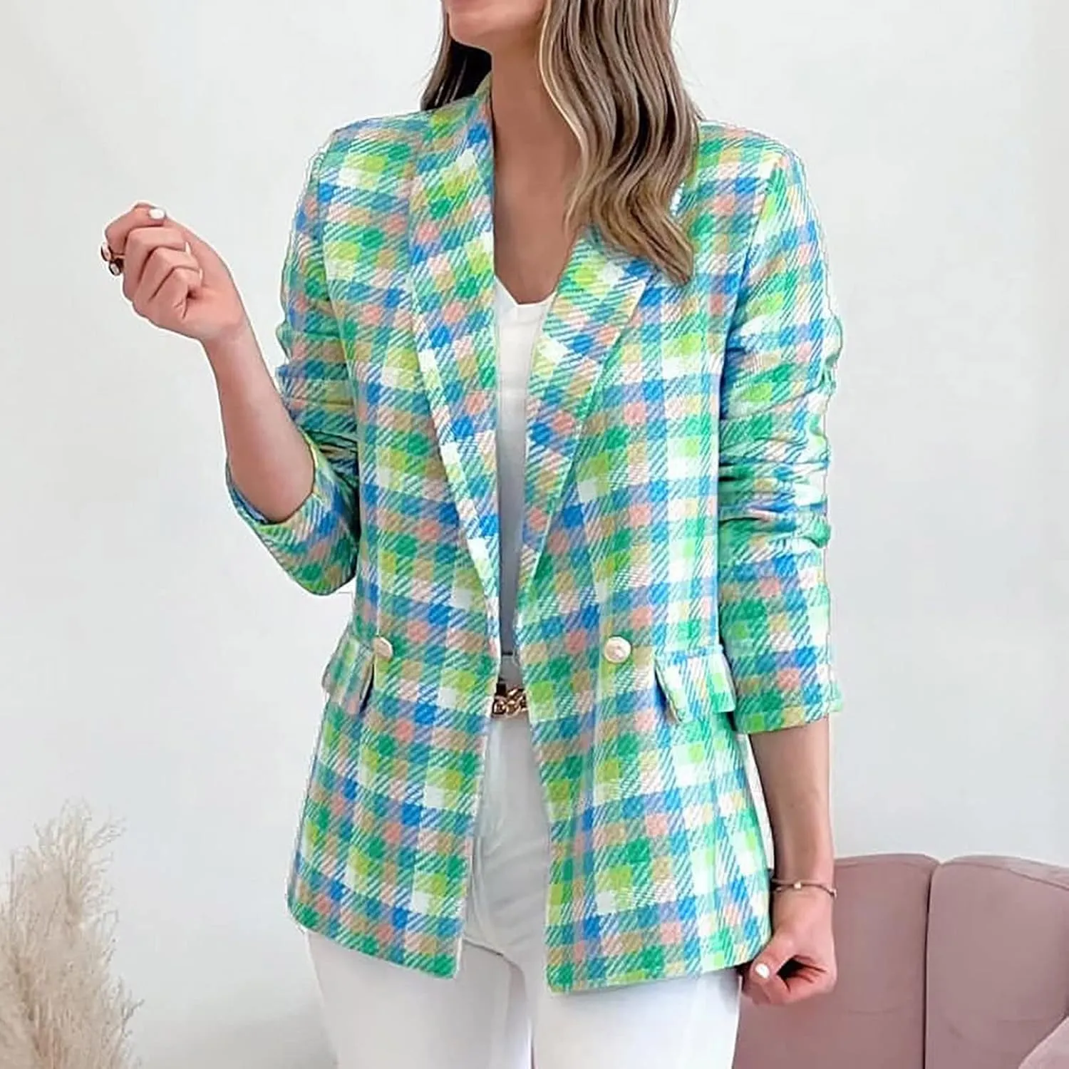 Womens Fashionable Blazer Open Front Cardigan Multicolored Plaid Long Sleeve Jacket Work Casual Suit Blazer Coats