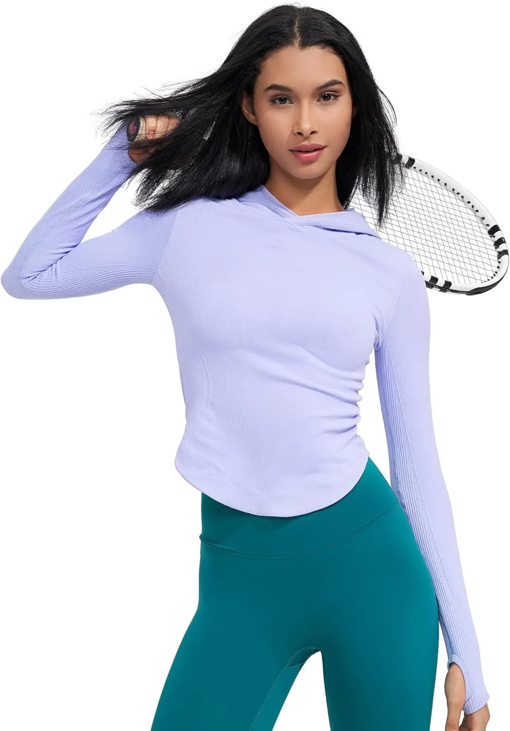 Womens Hooded Athletic Long Sleeve Running Shirts Workout Yoga Tops with Thumb Holes Slim Fit