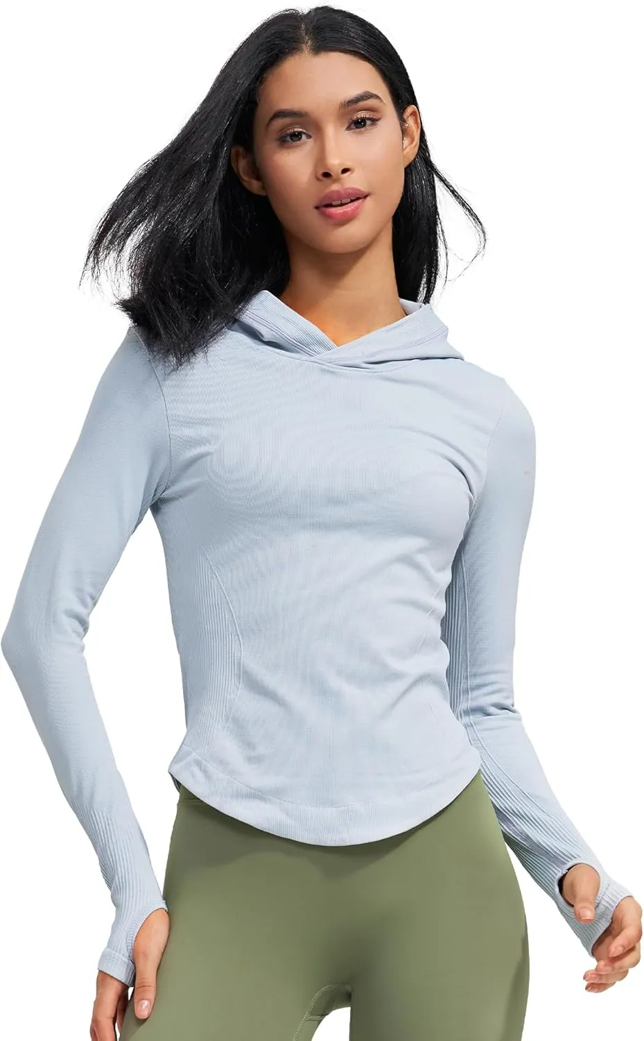 Womens Hooded Athletic Long Sleeve Running Shirts Workout Yoga Tops with Thumb Holes Slim Fit