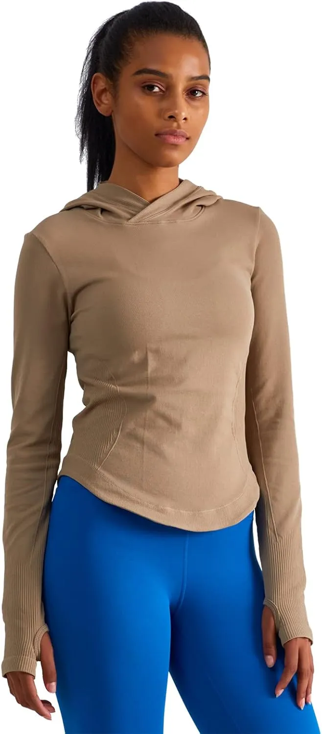 Womens Hooded Athletic Long Sleeve Running Shirts Workout Yoga Tops with Thumb Holes Slim Fit