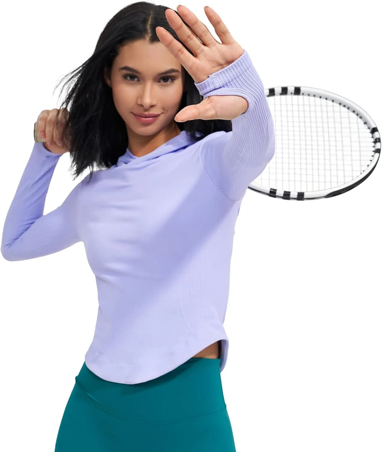 Womens Hooded Athletic Long Sleeve Running Shirts Workout Yoga Tops with Thumb Holes Slim Fit