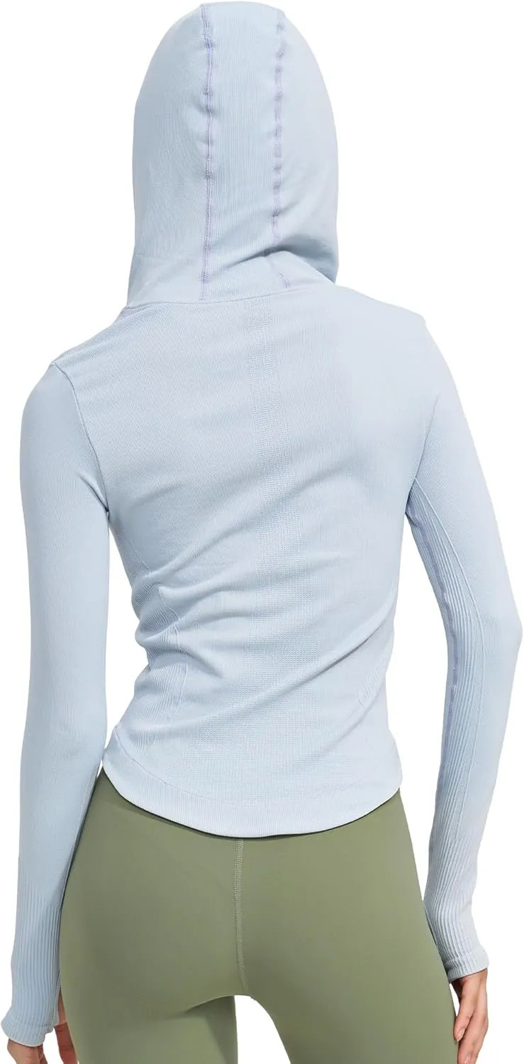 Womens Hooded Athletic Long Sleeve Running Shirts Workout Yoga Tops with Thumb Holes Slim Fit