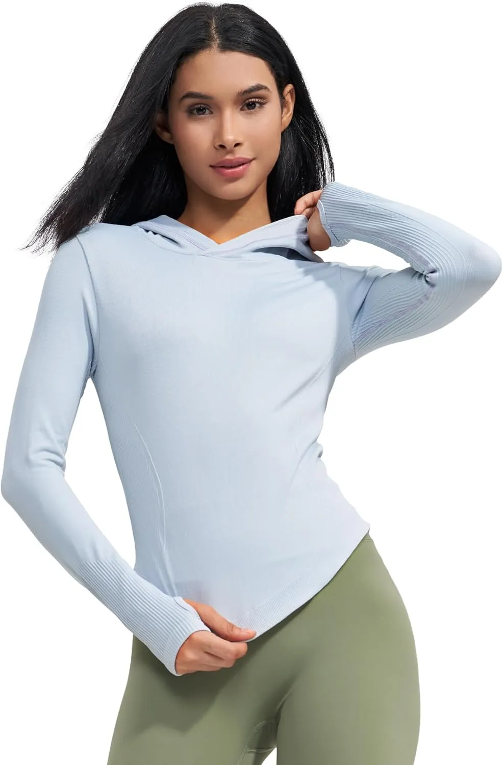 Womens Hooded Athletic Long Sleeve Running Shirts Workout Yoga Tops with Thumb Holes Slim Fit