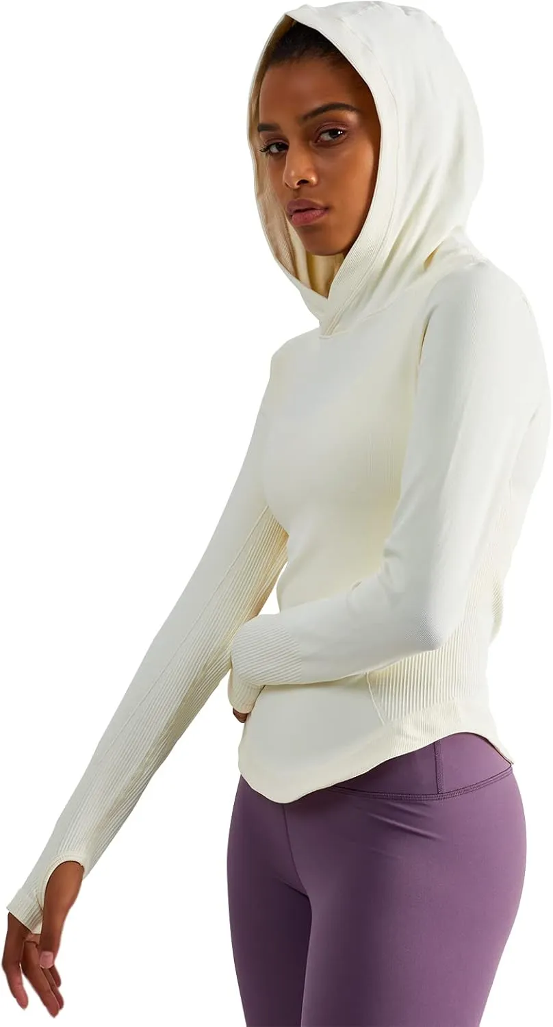 Womens Hooded Athletic Long Sleeve Running Shirts Workout Yoga Tops with Thumb Holes Slim Fit