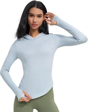 Womens Hooded Athletic Long Sleeve Running Shirts Workout Yoga Tops with Thumb Holes Slim Fit