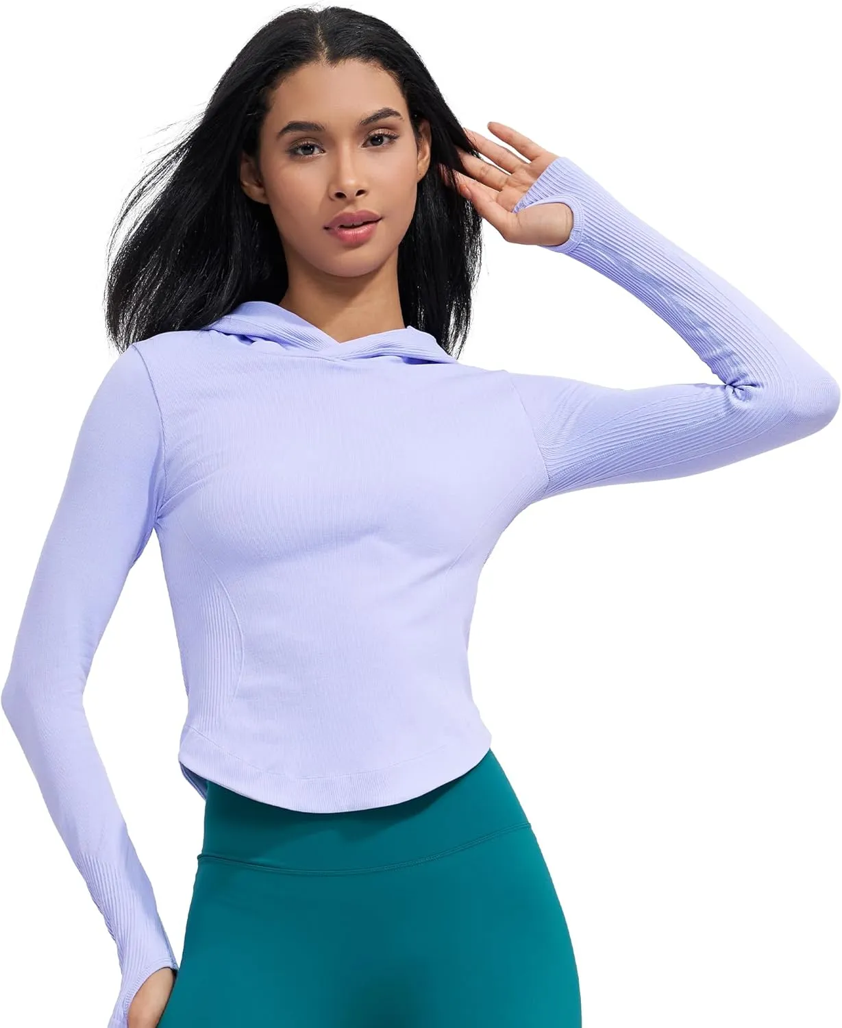 Womens Hooded Athletic Long Sleeve Running Shirts Workout Yoga Tops with Thumb Holes Slim Fit